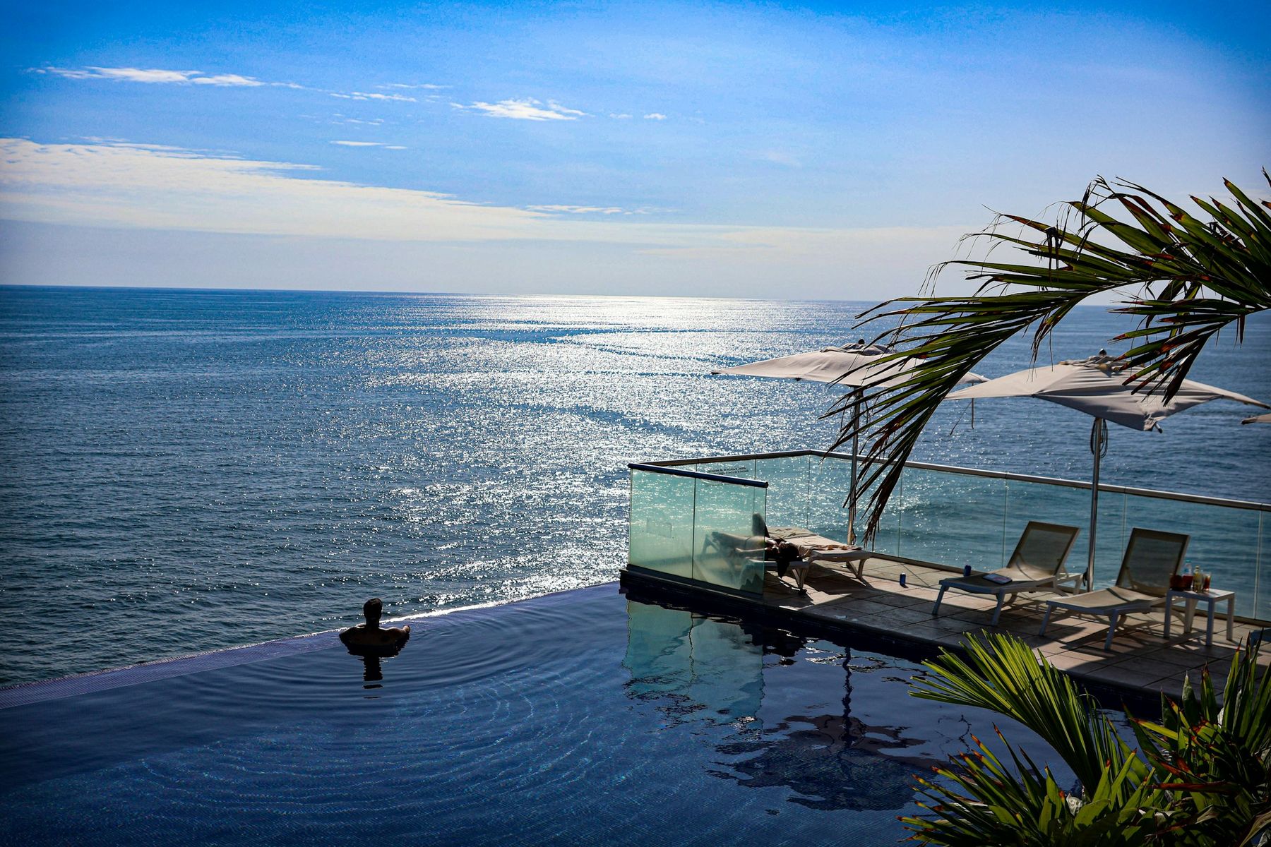 An infinity pool meeting the open sea at dusk, palms in silhouette.